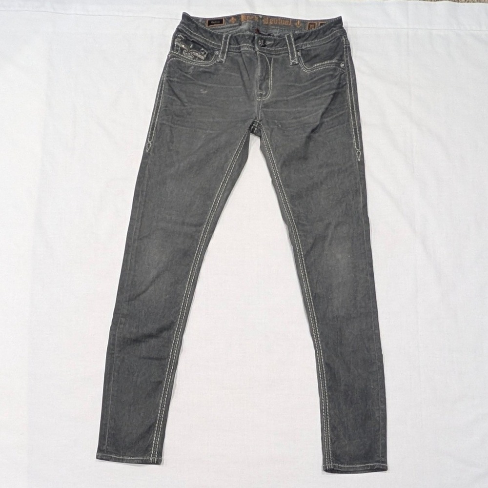 Rock Revival Dalisa Skinny Corduroy Jeans Faded Low Rise Sequin Fleur De Lis 30